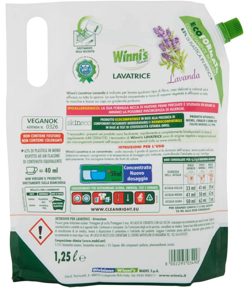 WINNI'S Naturel Lavatrice IPOALLERGENICO ECORICARICA 25 LAVAGGI Lavanda